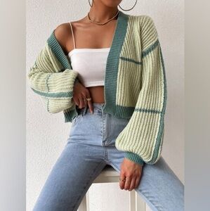 Shein- EZwear Contrast Trim Lantern Sleeve Cardigan